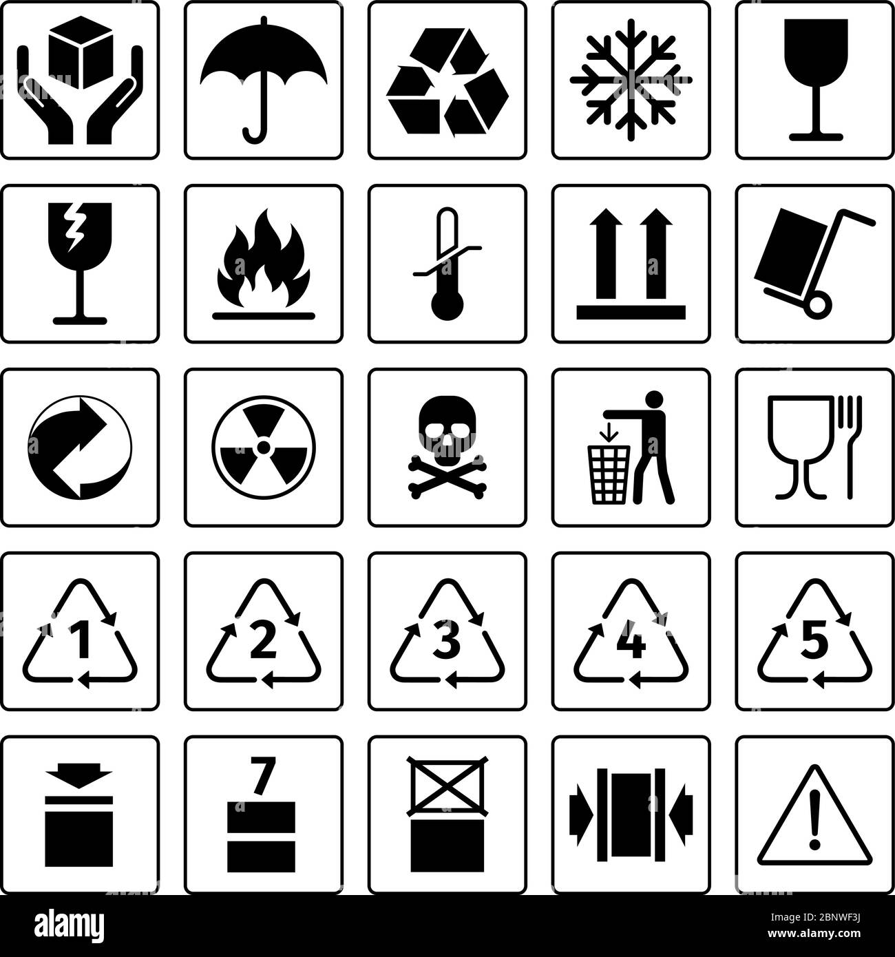 Packaging symbols. Vector package icons with waste recycling and fragile, flammable and this side up symbols Stock Vector