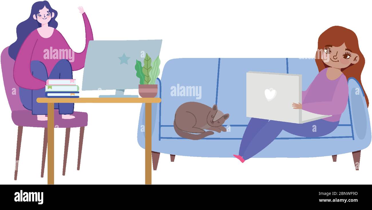 working remotely, young women sitting on sofa and work desk with laptop ...