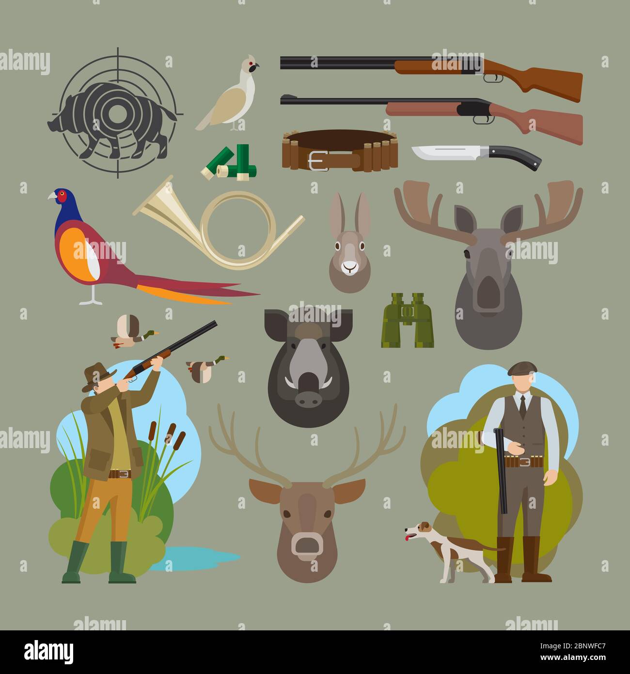 Hunting vector elements. Hunter and prey, hunting equipment and ...