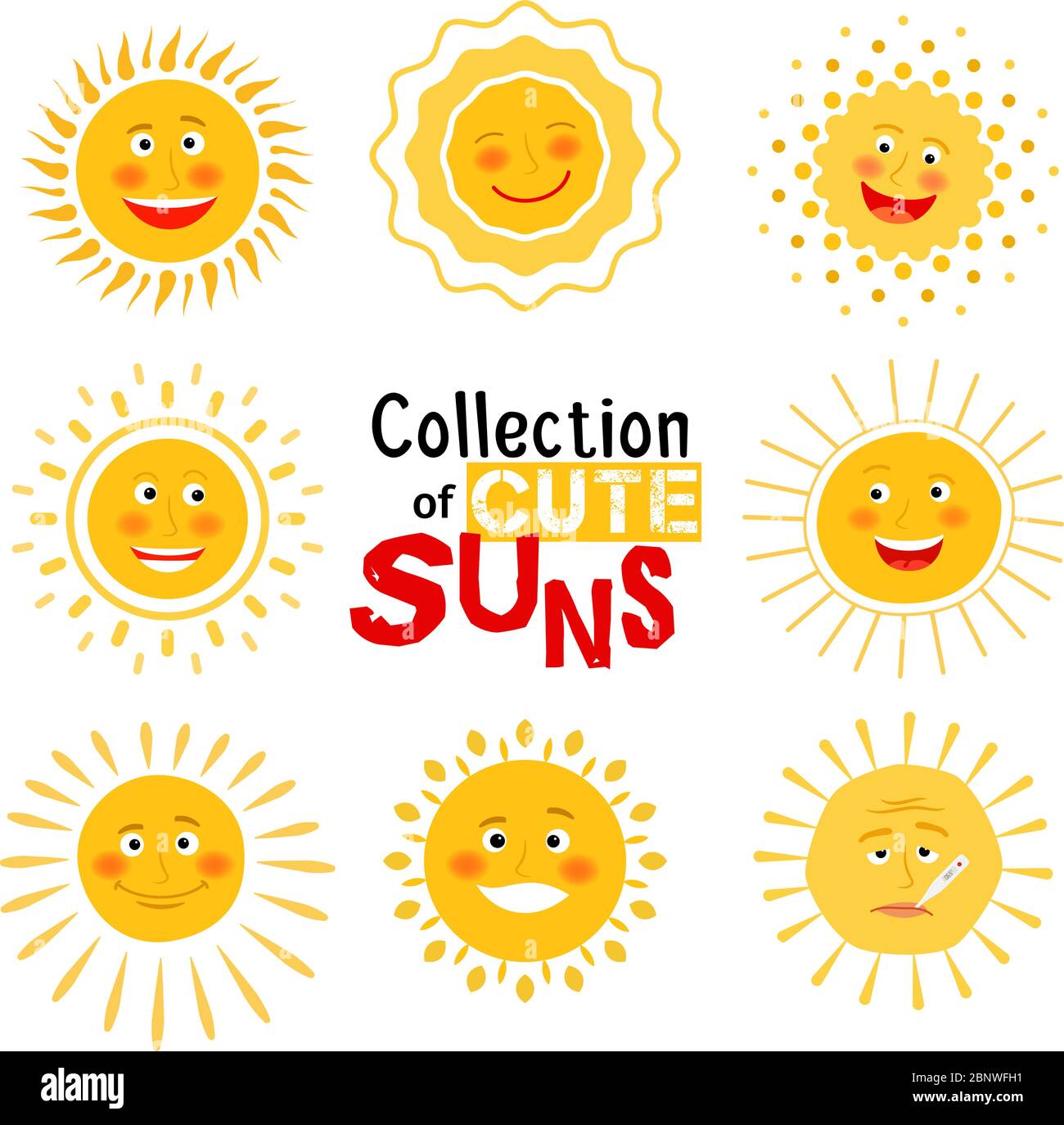 Yellow suns with happy smile collection on white background. Vector