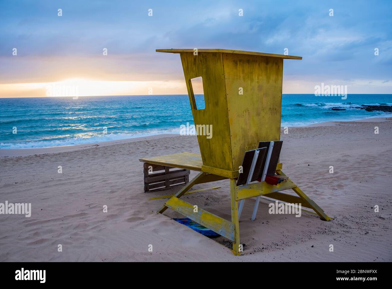 Yellow Lifeguard Station Fuerteventura Beach. Stock Photo