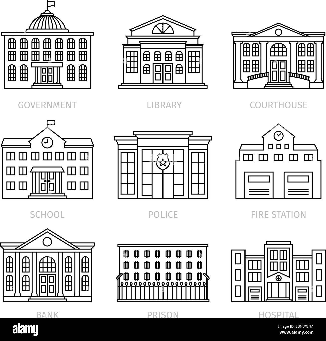 Education and government buildings thin line icons. Museum and school, library and prison house vector signs. Vector illustration Stock Vector