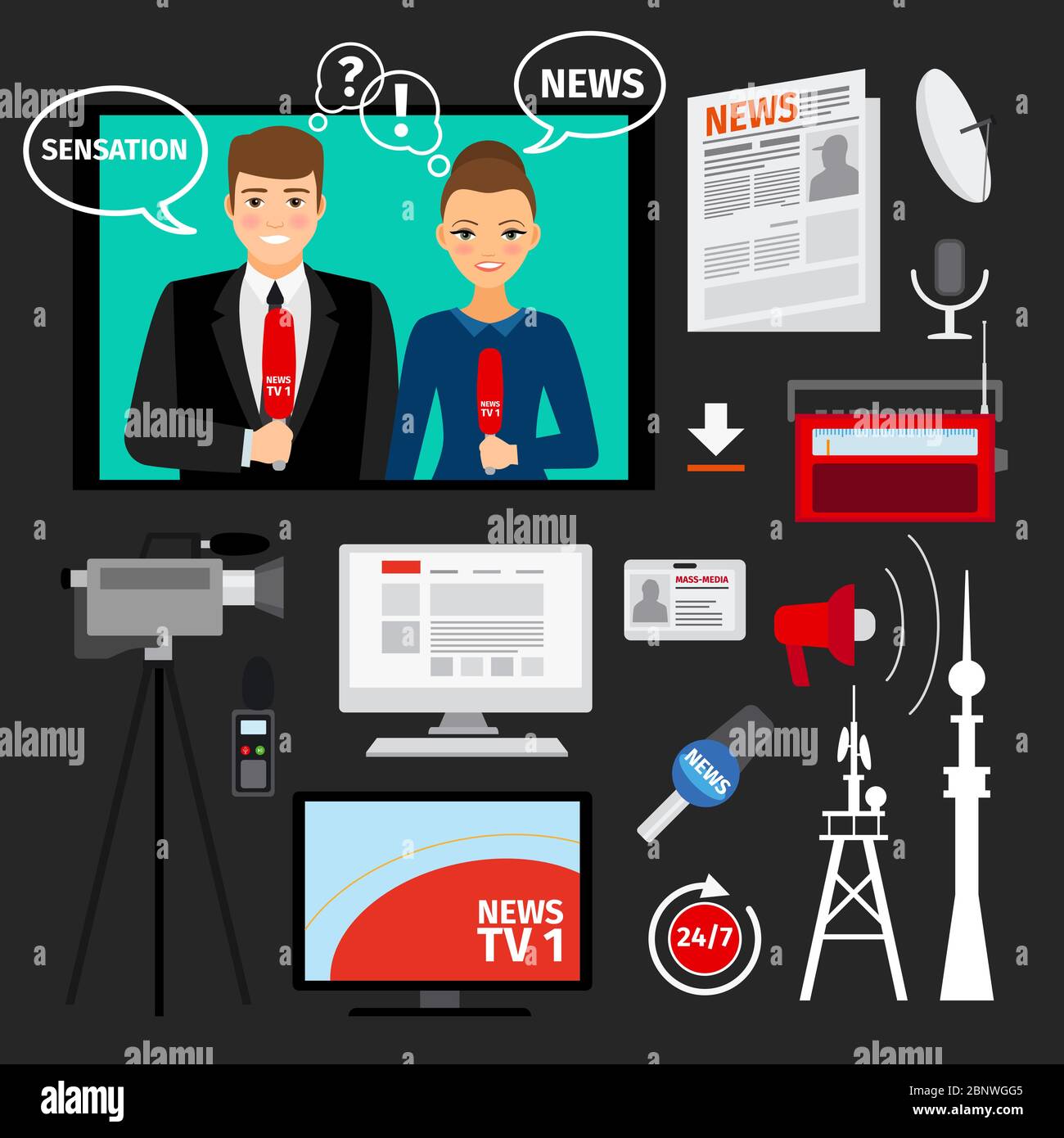 News concept illustration with television and newspapers ftal elements. Mass  media vector concept Stock Vector Image & Art - Alamy