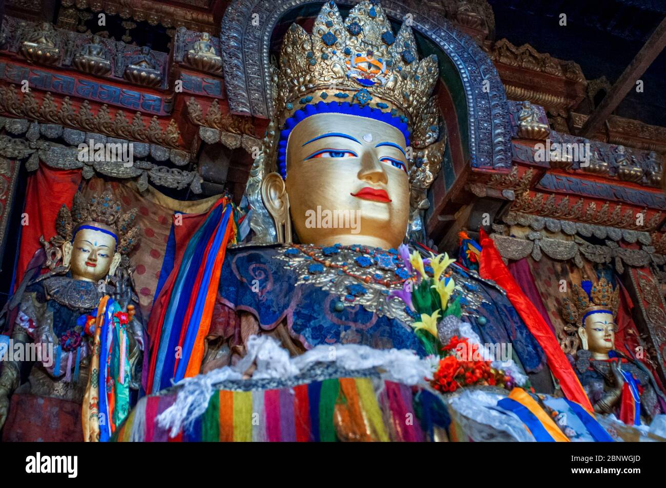 Maitreya Buddha statue inside the Kumbum Chorten at Palkhor Chode Monastery in Gyantse. Paelkhor monastery Pelkhor Chode, Gyantse, Gyangze, Tibet, Chi Stock Photo