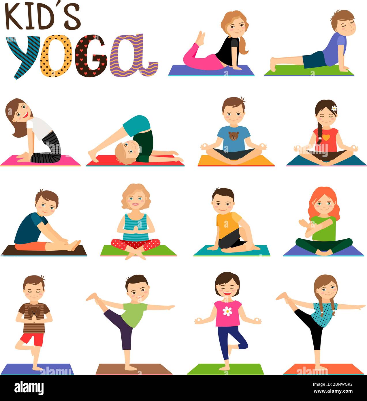 Kids yoga vector icons set. Smiling children in different yoga poses ...