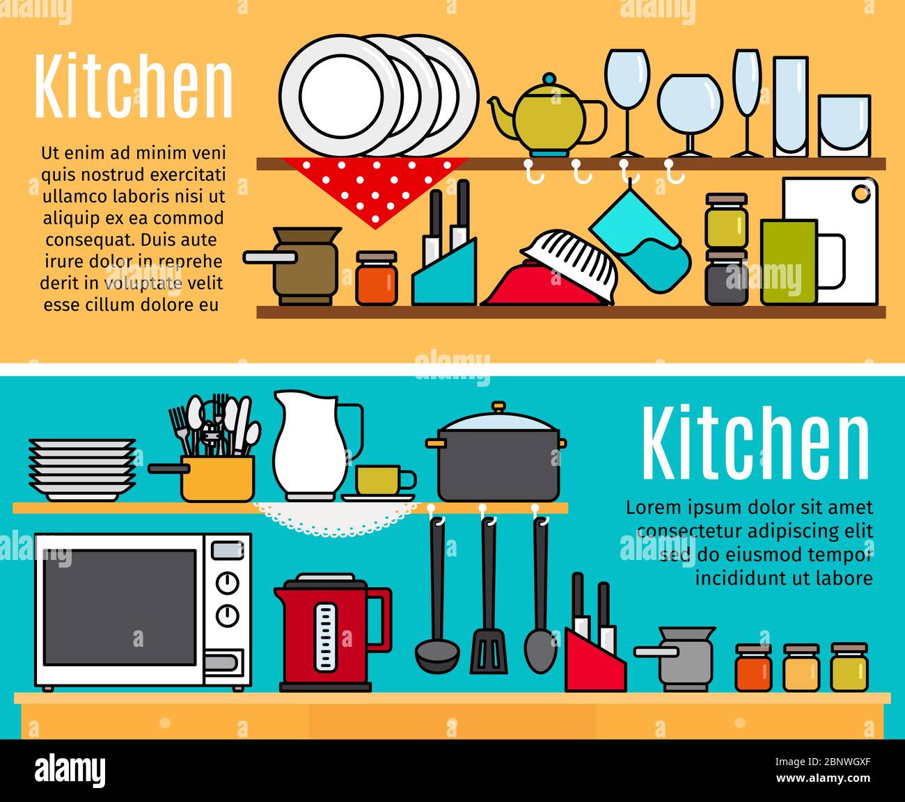 Horizontal kitchen banners templates with text. Vector illustration Stock Vector