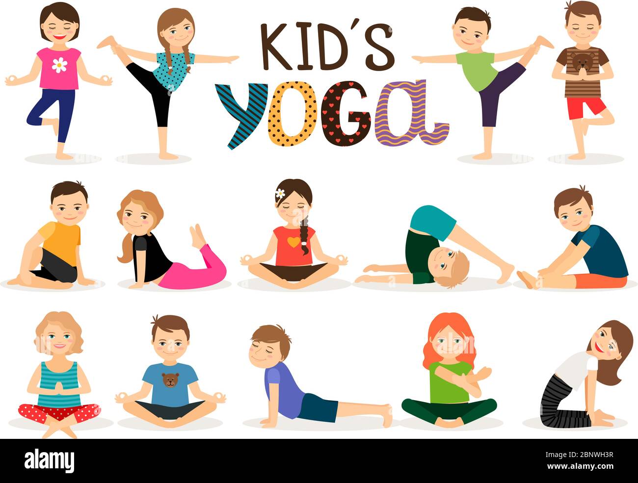 Young kids in different yoga poses on white background. Vector ...