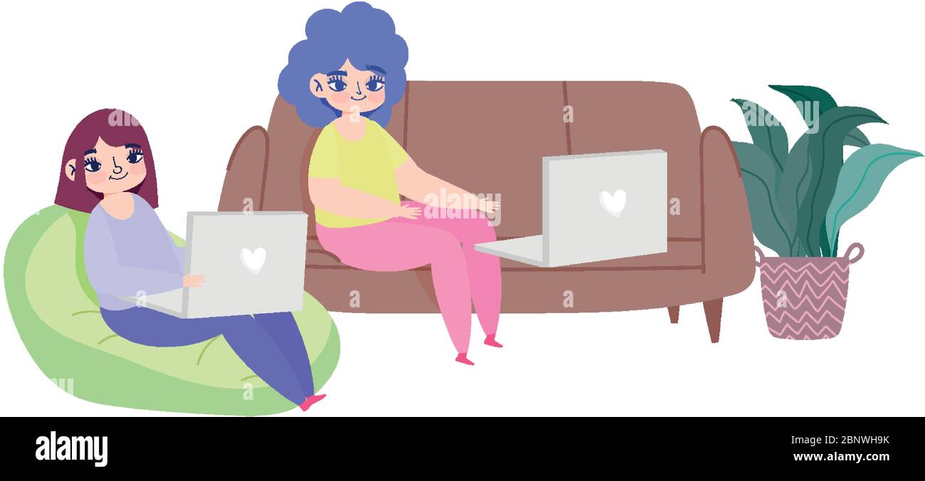 working remotely, young women sitting on sofa beanchair with laptop in ...