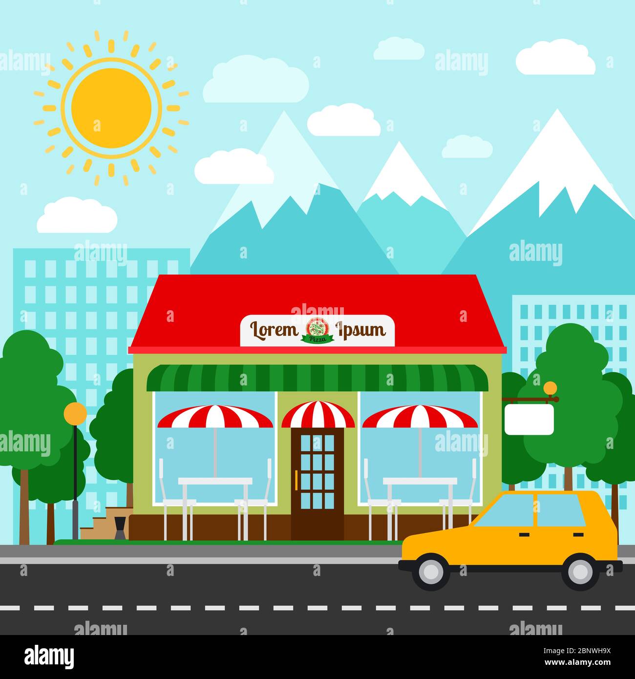 Pizzeria colorful vector illustration. Pizza house store front with