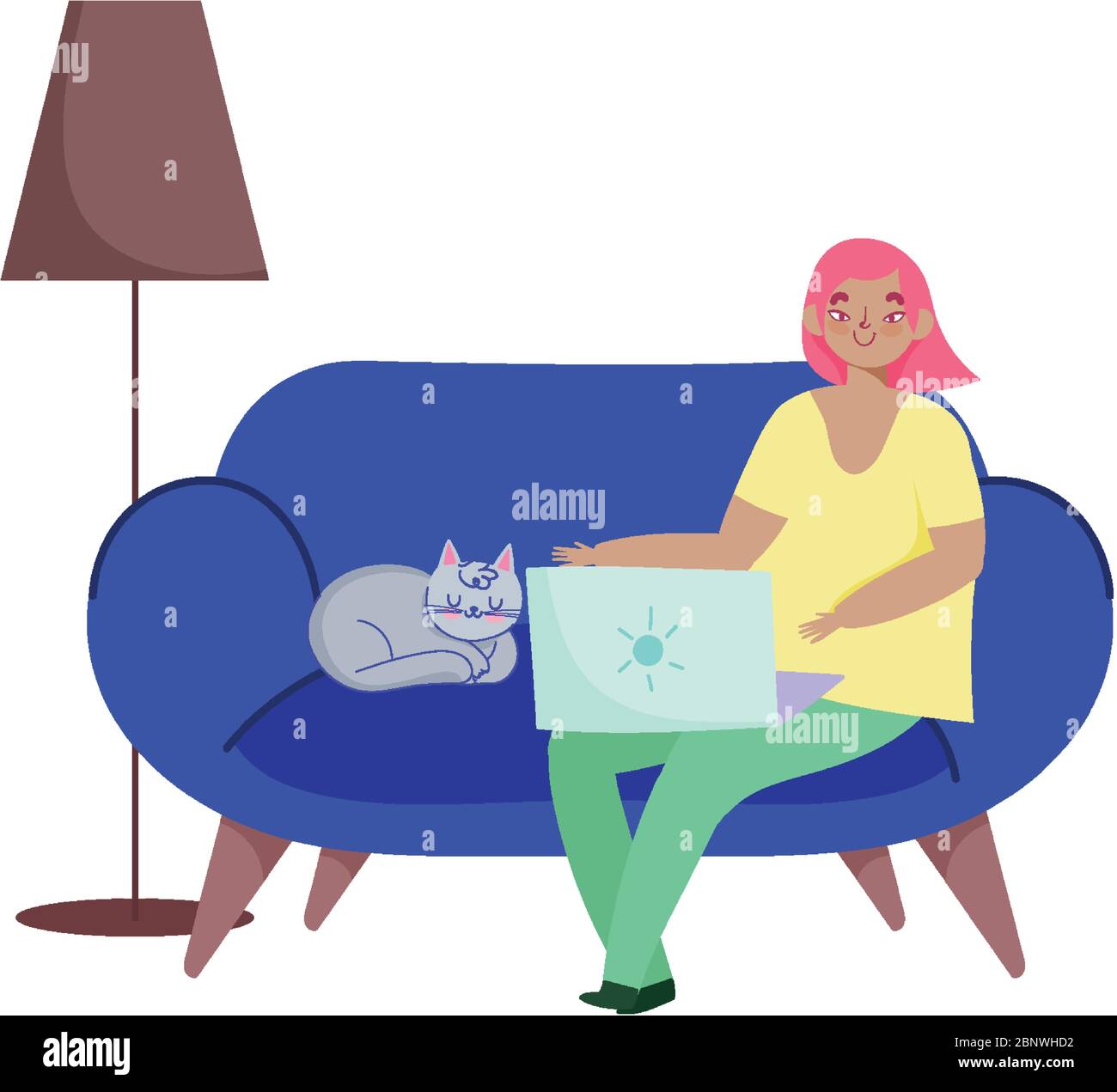 working remotely, young woman sitting on sofa with laptop and cat ...