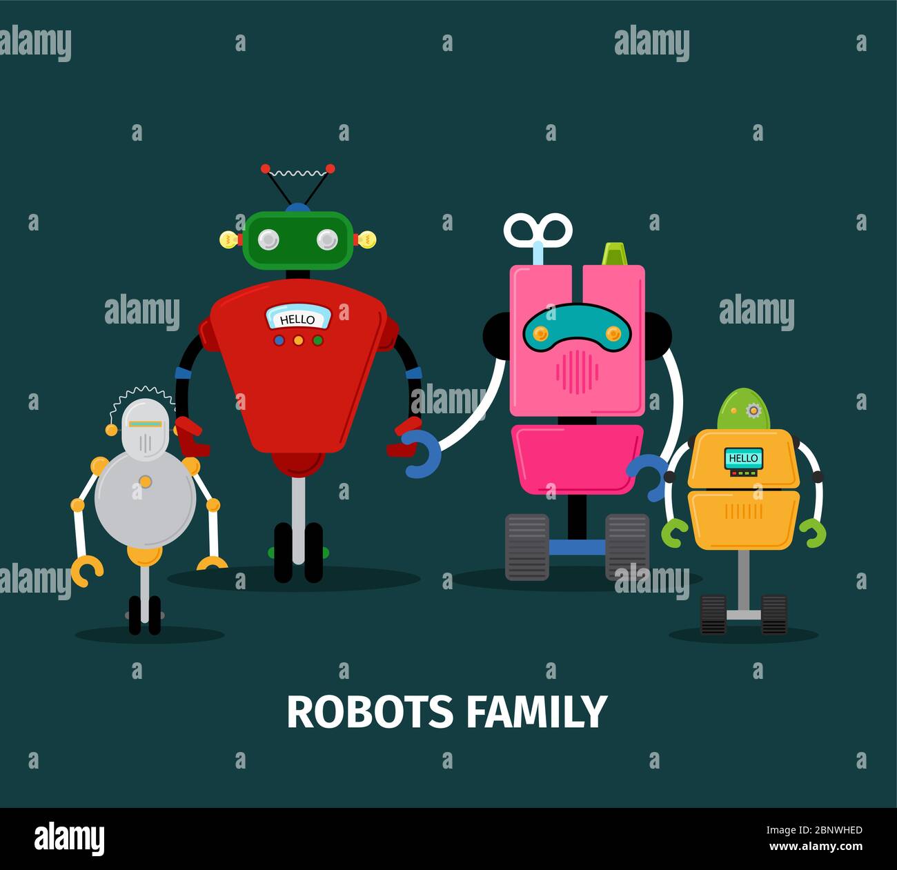 Robots family with kids, vector illustration on dark background Stock