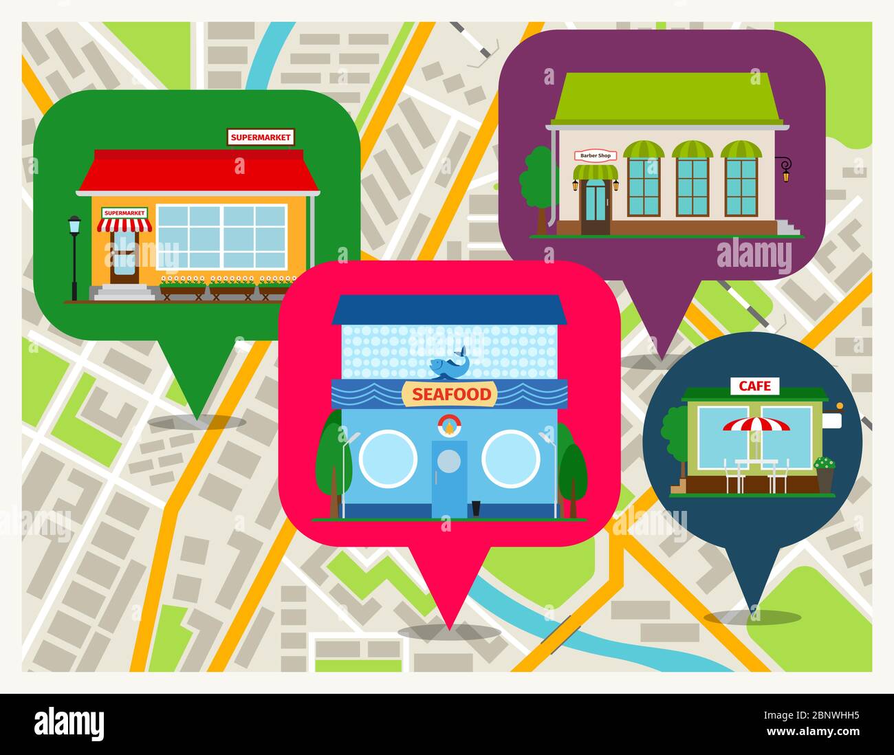 Navigation map with shops pins mobile app. Sea food restaurant, cafe