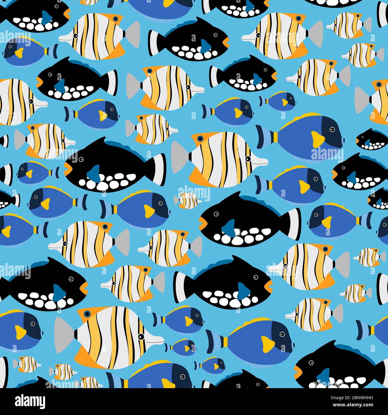 Sea pattern with different fishes on blue background. Vector underwater background Stock Vector