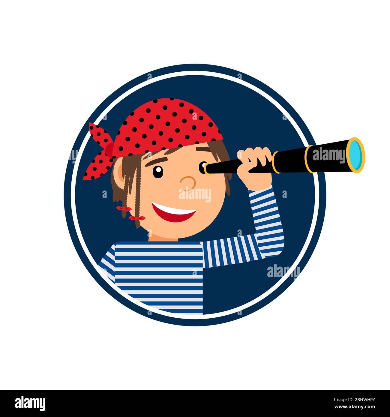 Pirate with spyglass isolated icon in circle shape. Vector illustration Stock Vector