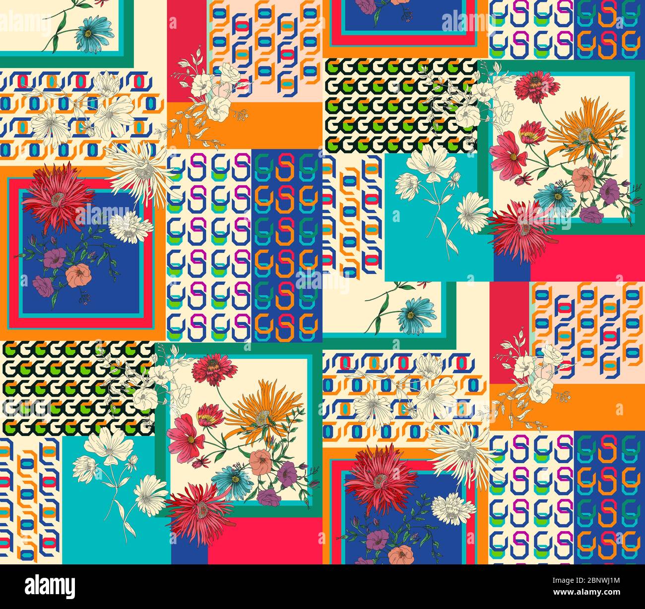 Seamless modern patchwork pattern with flowers and lines. Ethnic indian style. Ready for textile prints. Stock Photo