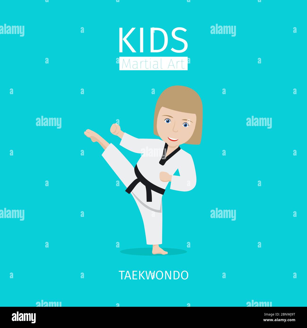 Kids martial art vector illustration. Taekwondo girl icon on blue background Stock Vector