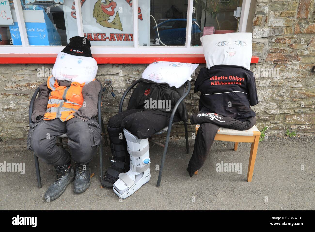 Kilkhampton, North Cornwall, UK. 16th May, 2020. The villagers of Kilkhampton in Cornwall have been paying tribute to keyworkers during the Coronavirus crisis, in their own distinctive way, by creatinga huge assortment of themed scarecrows: Credit: Natasha Quarmby/Alamy Live News Stock Photo