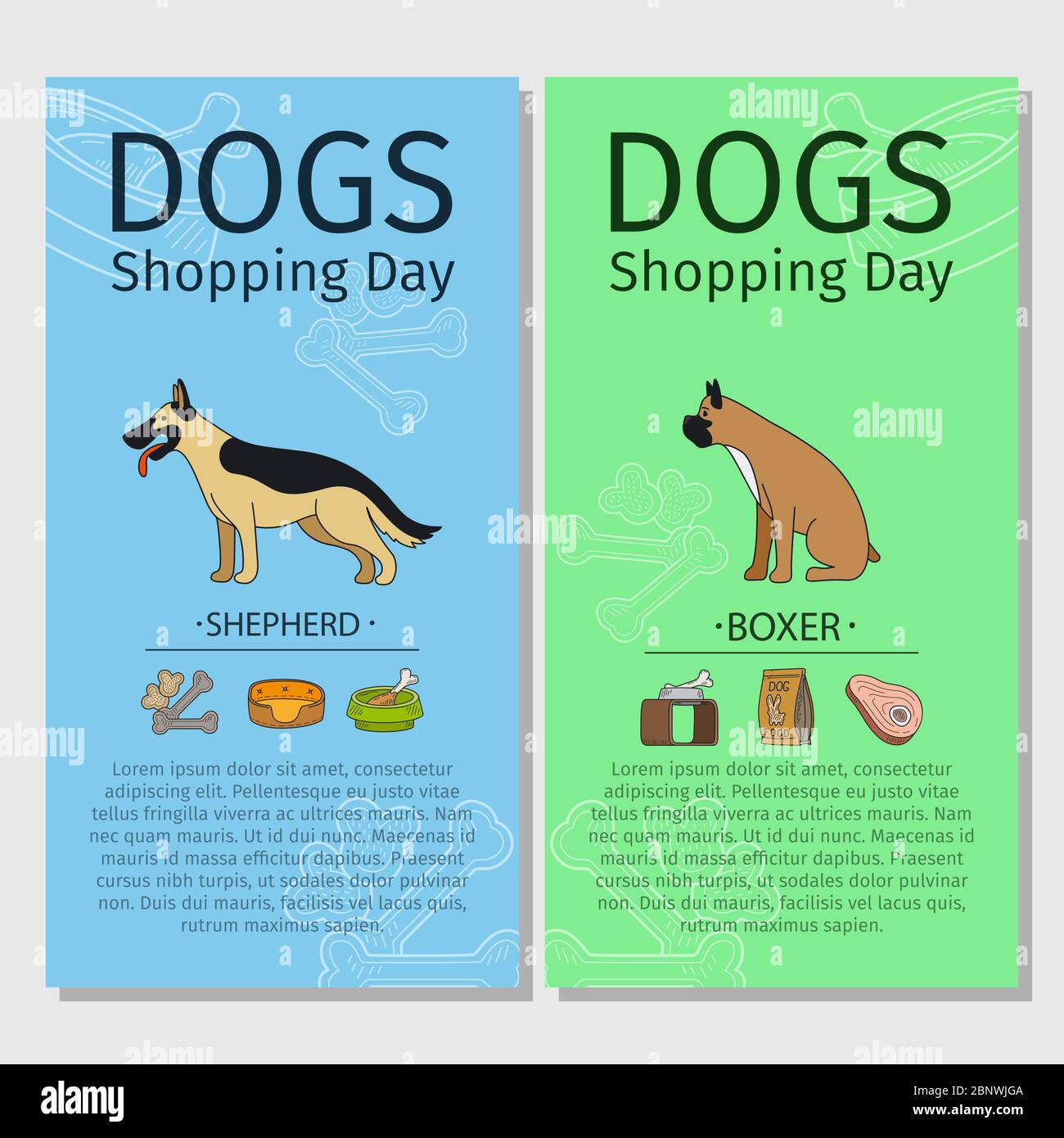 Dogs Shopping day flyers. Shepherd and Boxer dog breeds Vector illustration Stock Vector