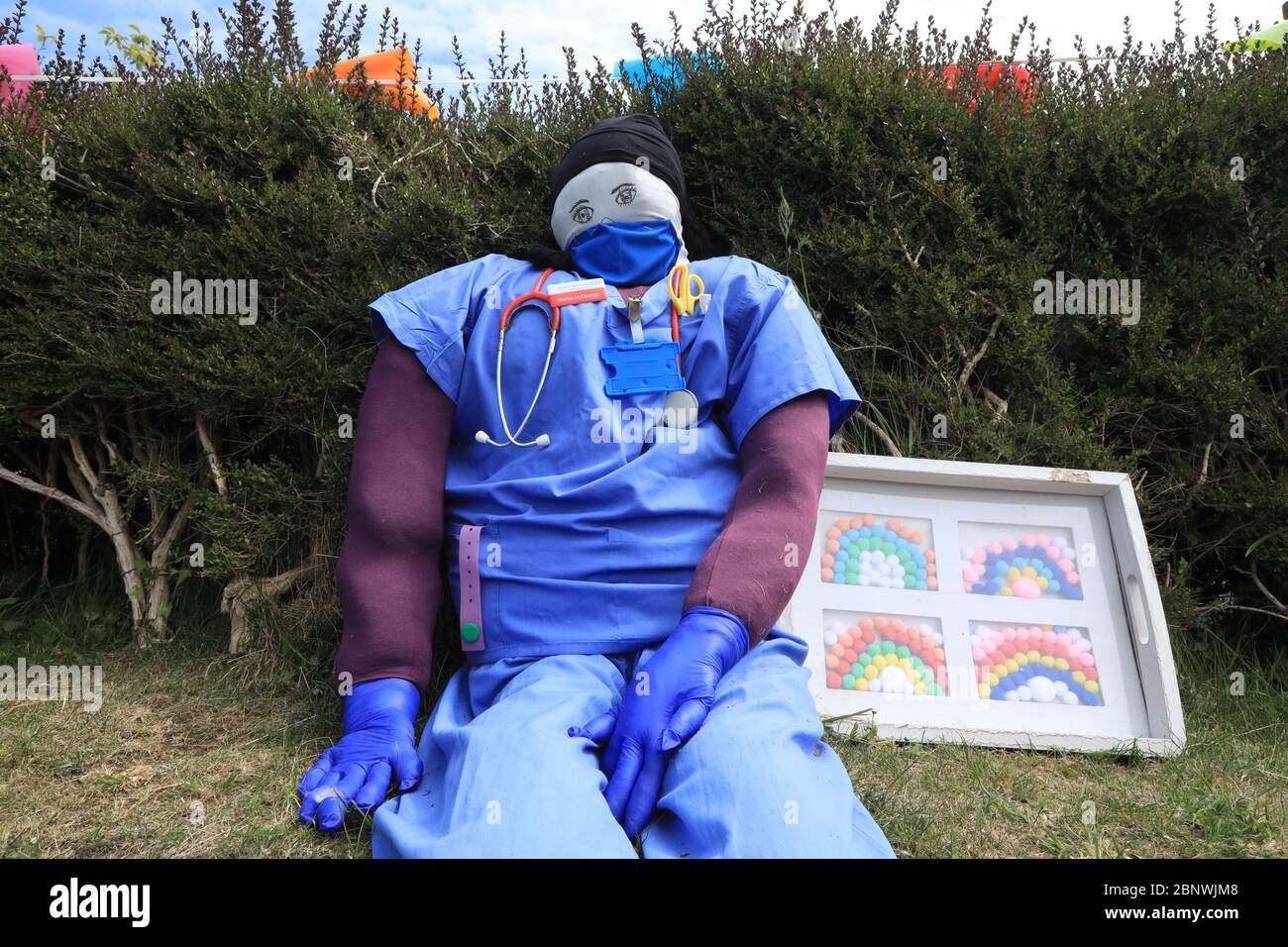 Kilkhampton, North Cornwall, UK. 16th May, 2020. The villagers of Kilkhampton in Cornwall have been paying tribute to keyworkers during the Coronavirus crisis, in their own distinctive way, by creatinga huge assortment of themed scarecrows: Credit: Natasha Quarmby/Alamy Live News Stock Photo