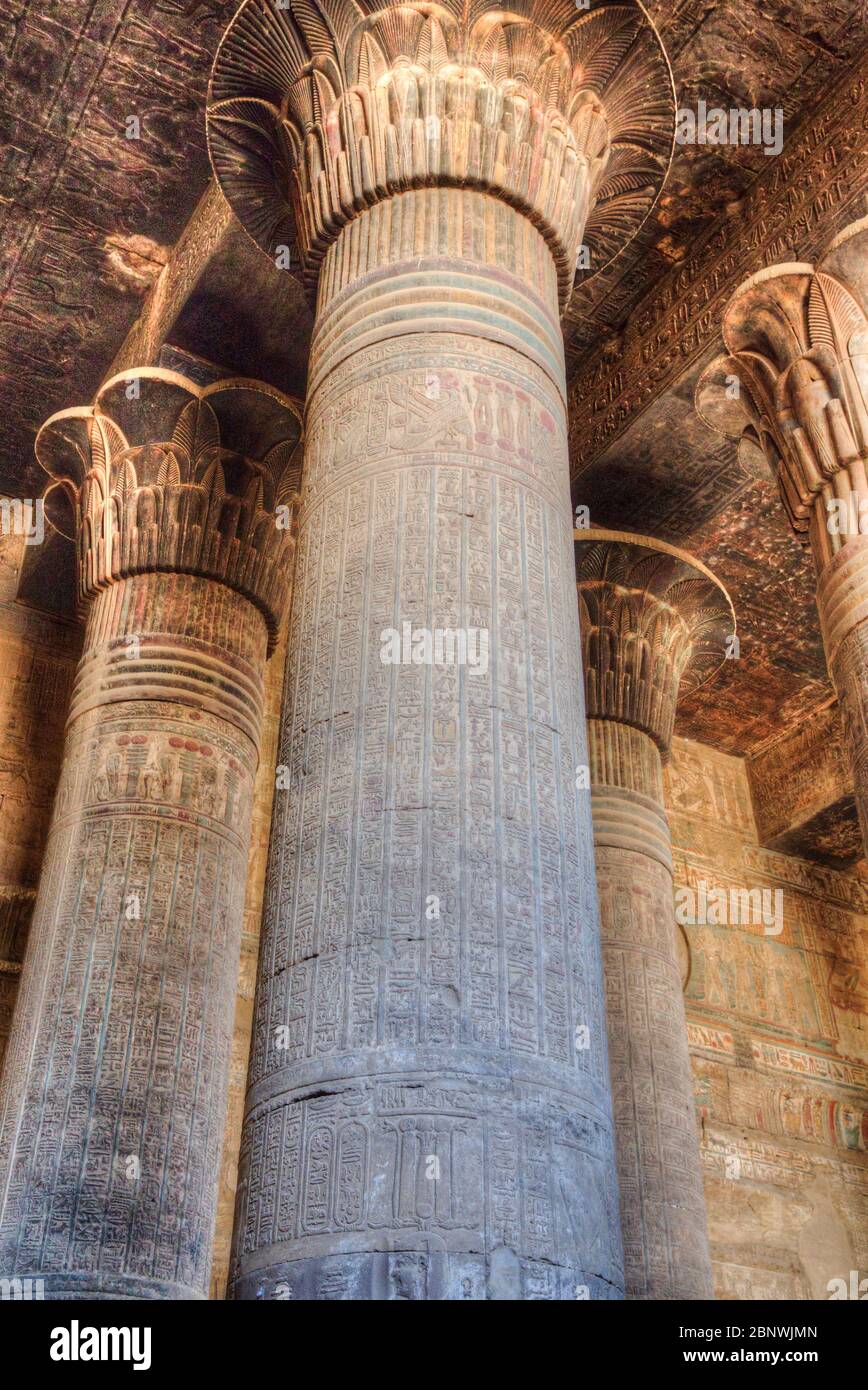 Bas Reliefs, Columns, Hypostyle Hall, Temple of Khnum, Esna, Egypt Stock Photo