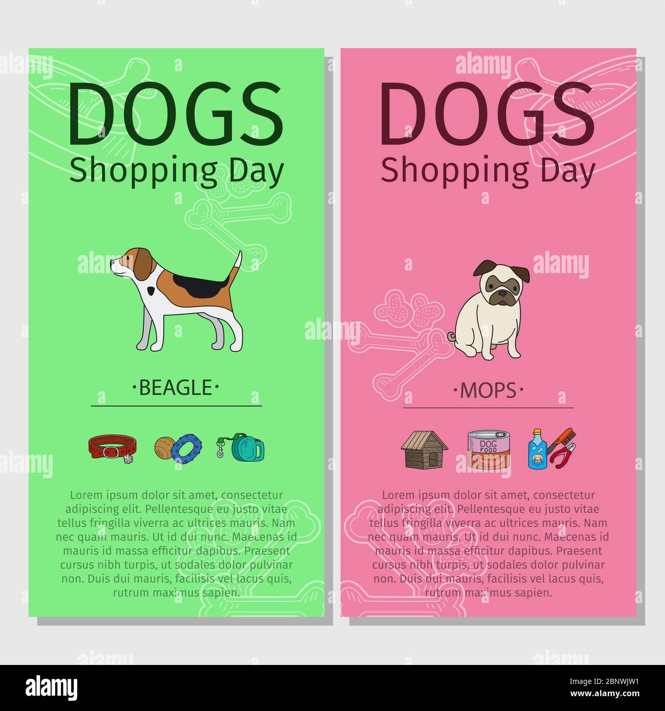 Dogs Shopping day flyers. Beagle and Mops dog breeds. Vector illustration Stock Vector