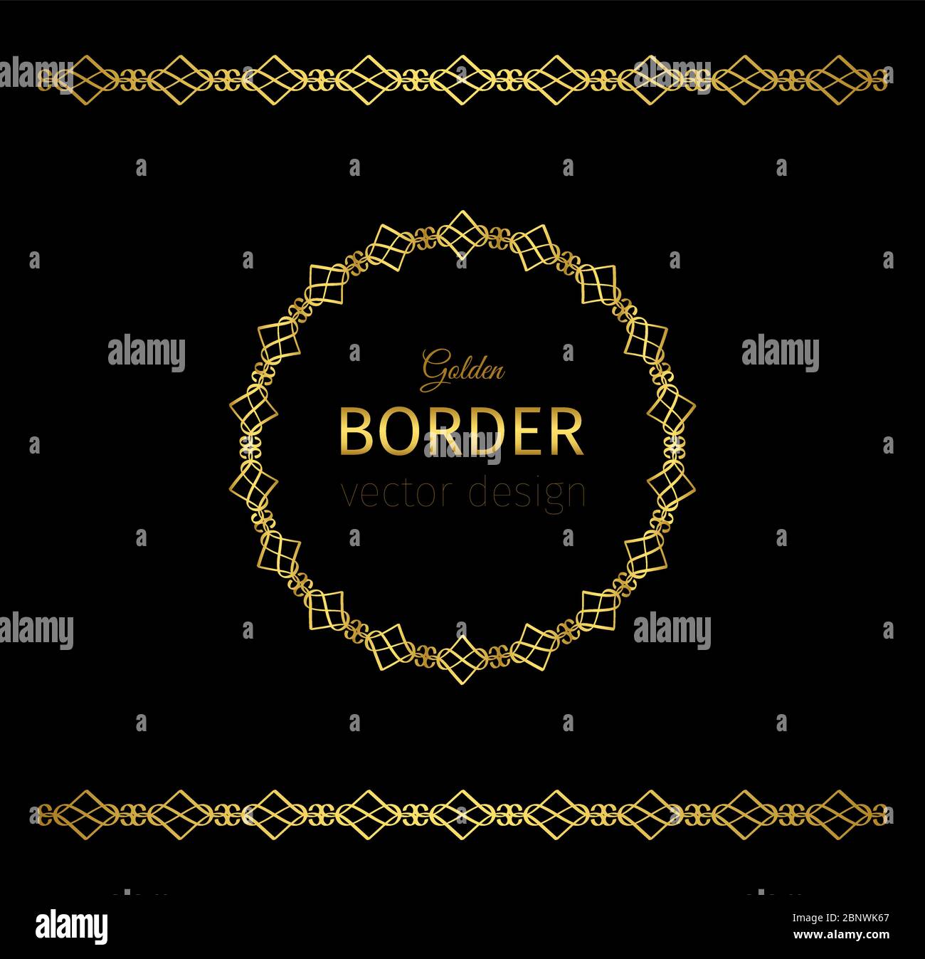Golden vector geometrical border and circle frame on black background Stock Vector