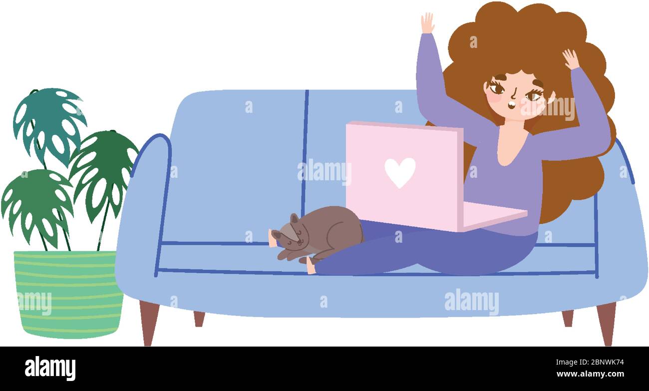 working remotely, young woman with laptop and cat on sofa vector ...