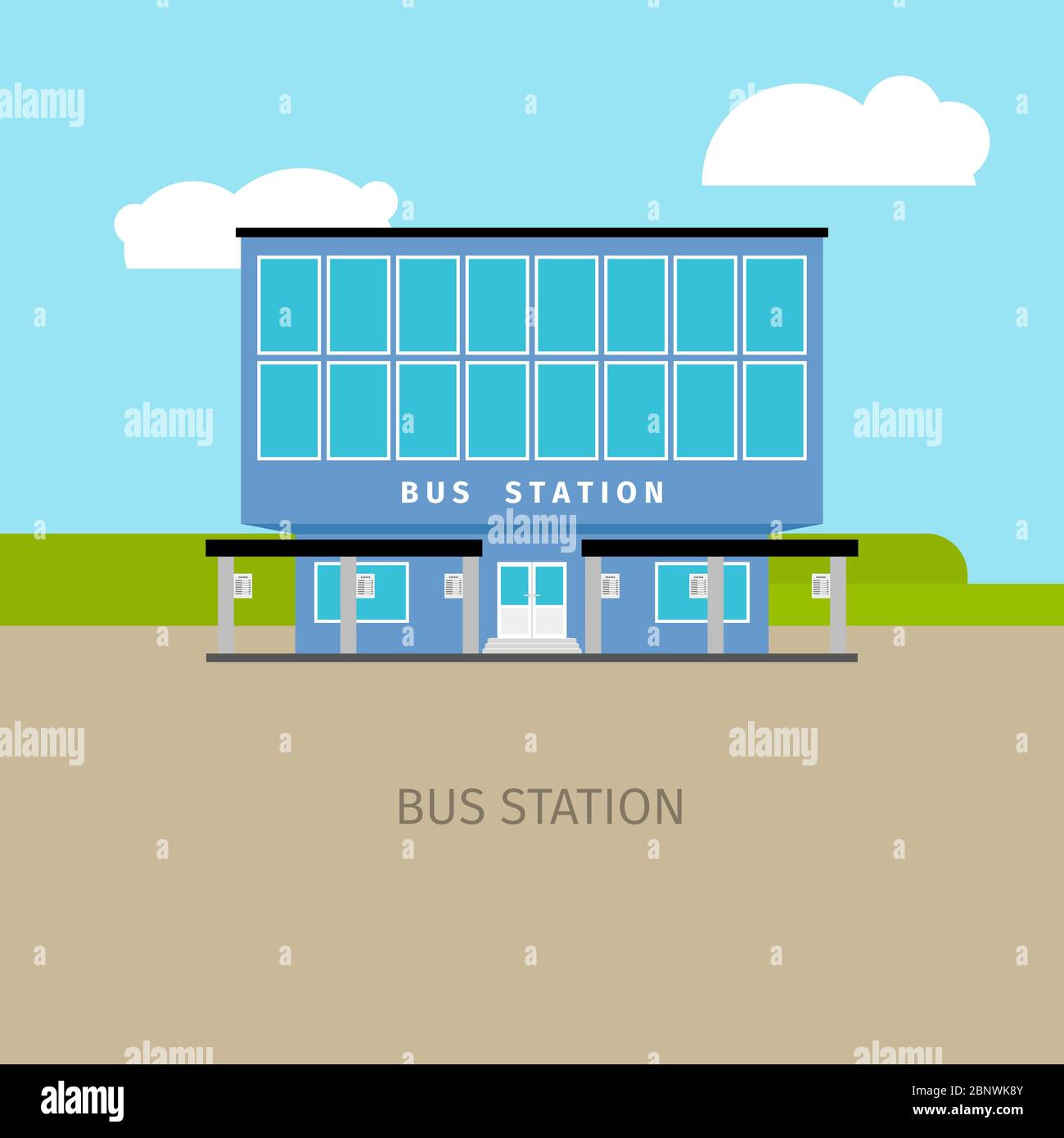 Colored bus station building with sky and clouds, vector illustration Stock Vector