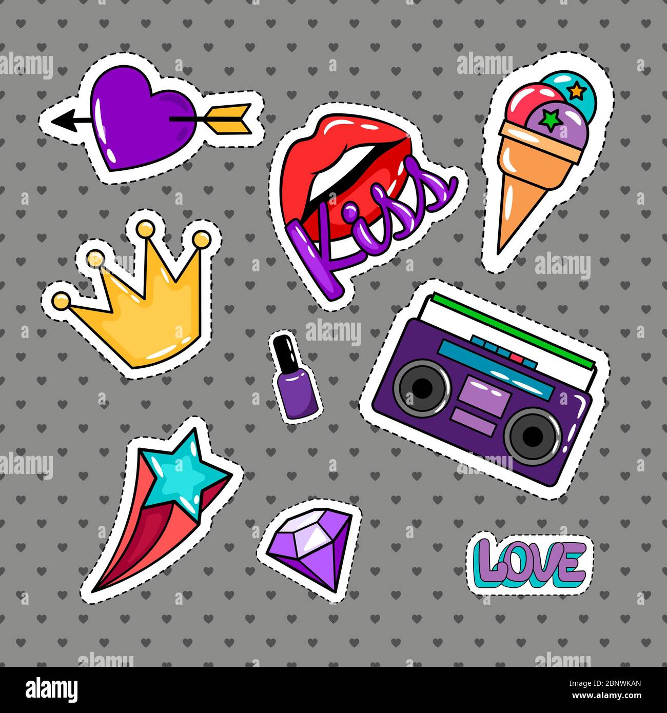 Cartoon stickers or patches set with 90s style Vector Image