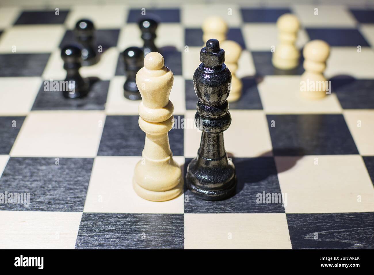 the chessboard with Black king and white queen in front in the concept of agreement and pawns in the background Stock Photo