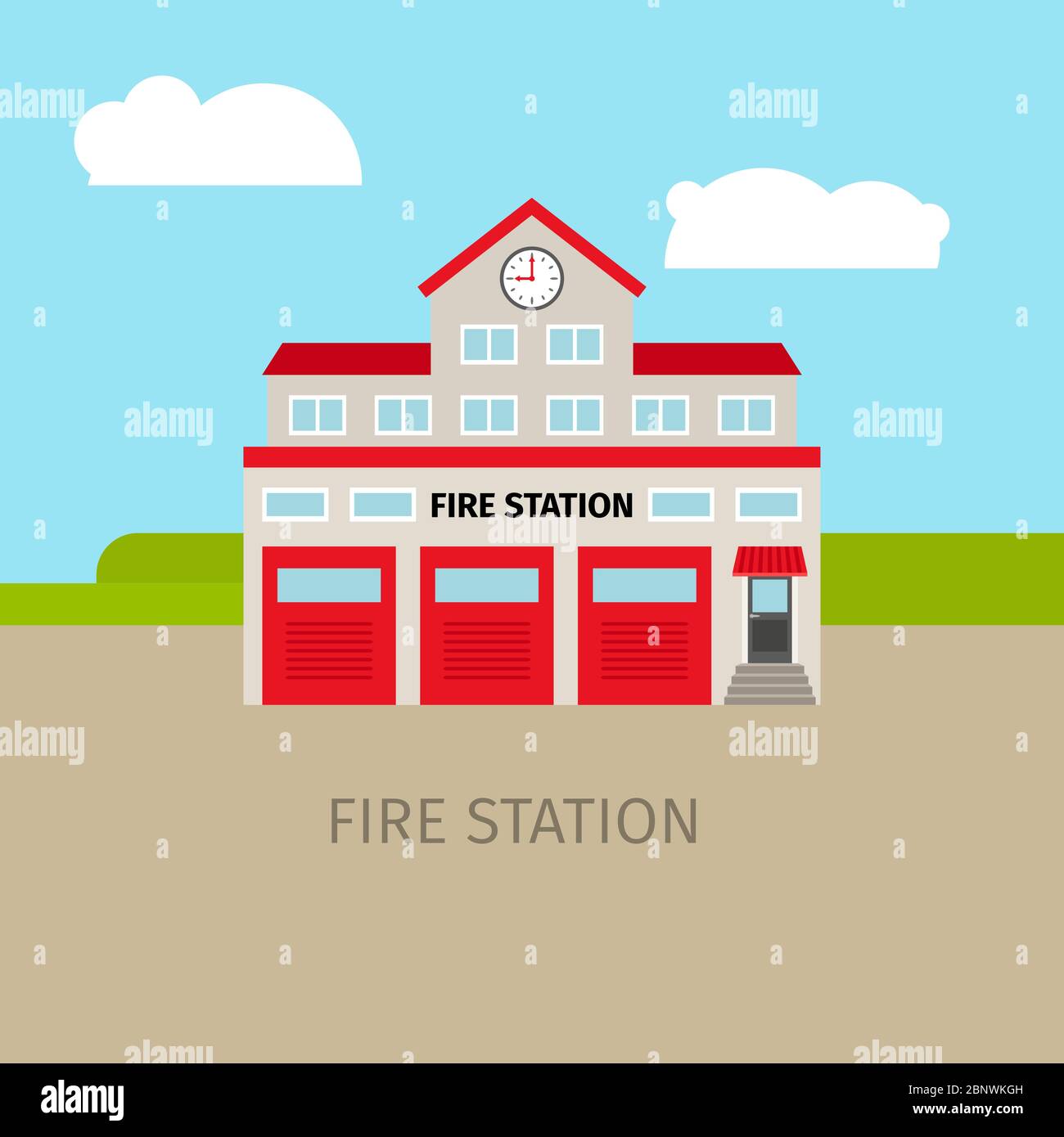 Colored fire station with sky and clouds, vector building Stock Vector