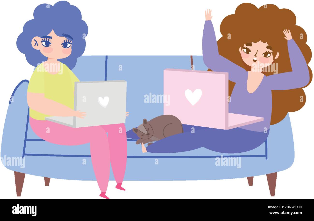 working remotely, young women characters with laptop on sofa vector ...