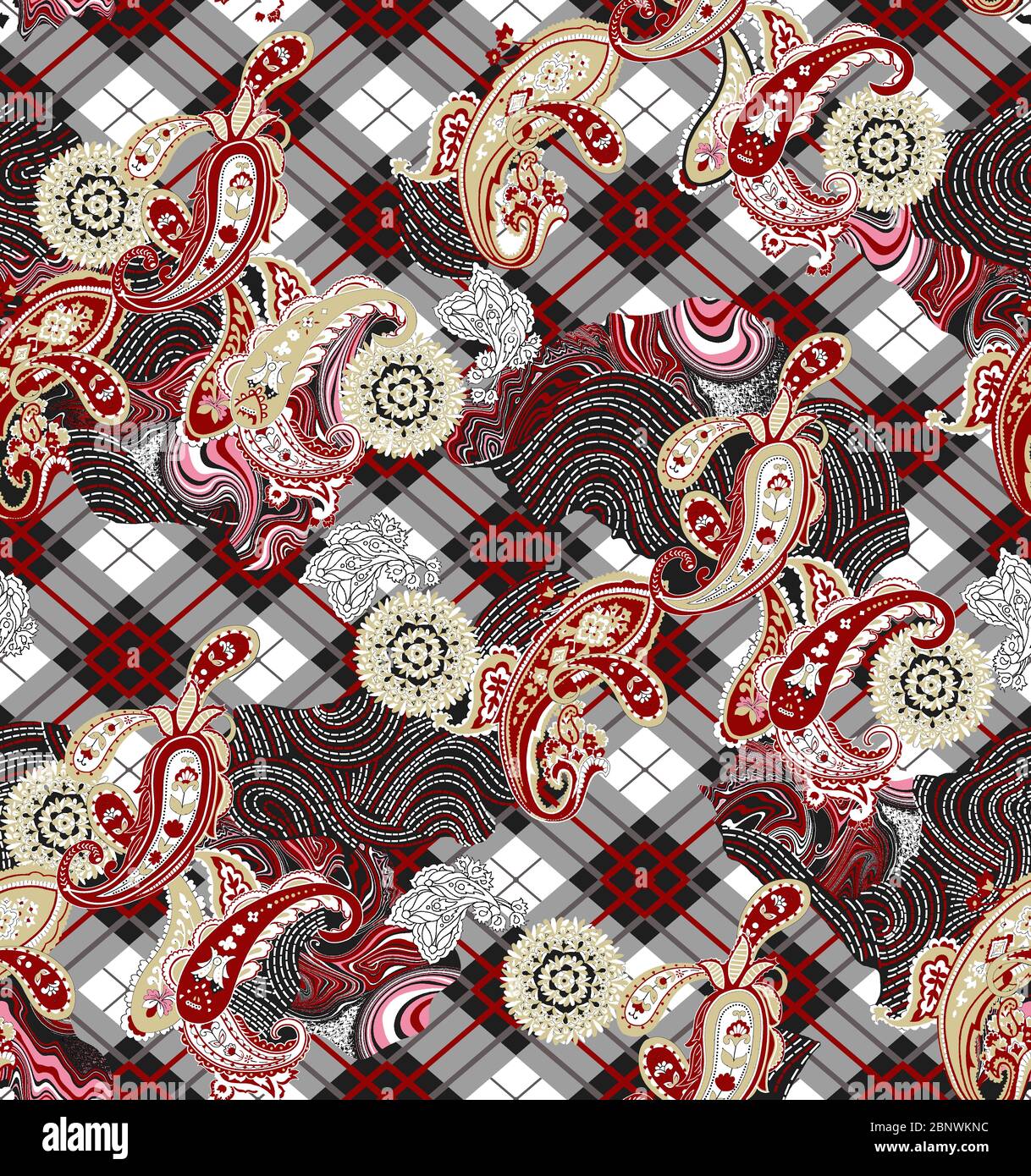 seamless plaid stripe, geometric paisley ethnic pattern print. Stock Photo