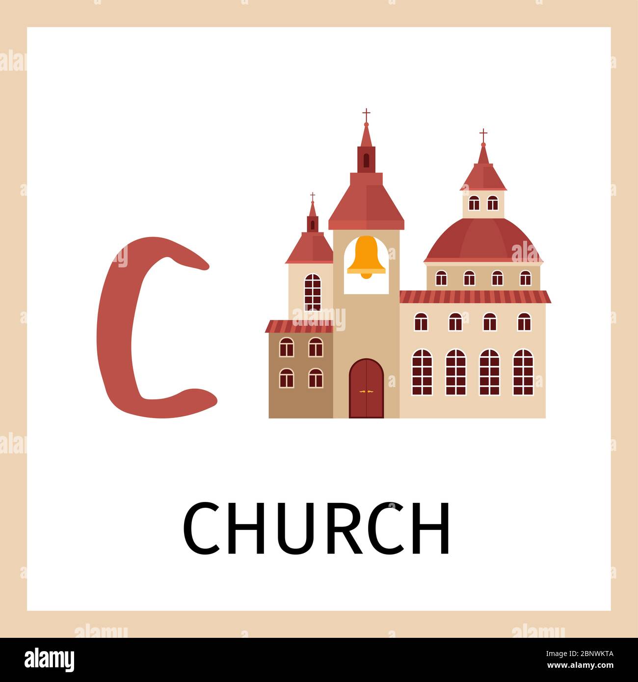 Alphabet card for kids with church building. Letter C card vector illustration Stock Vector