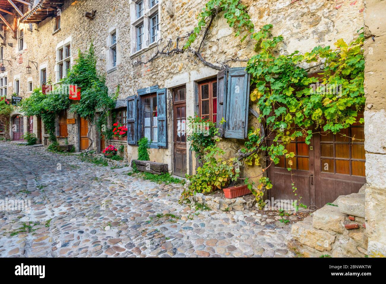 Rue des Rondes in Pérouges, a medieval walled town 30 km northeast of ...