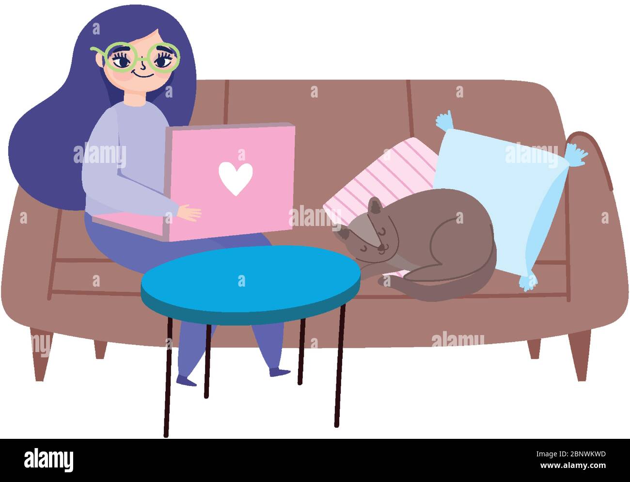 working remotely, young woman sitting on sofa with laptop and cat ...