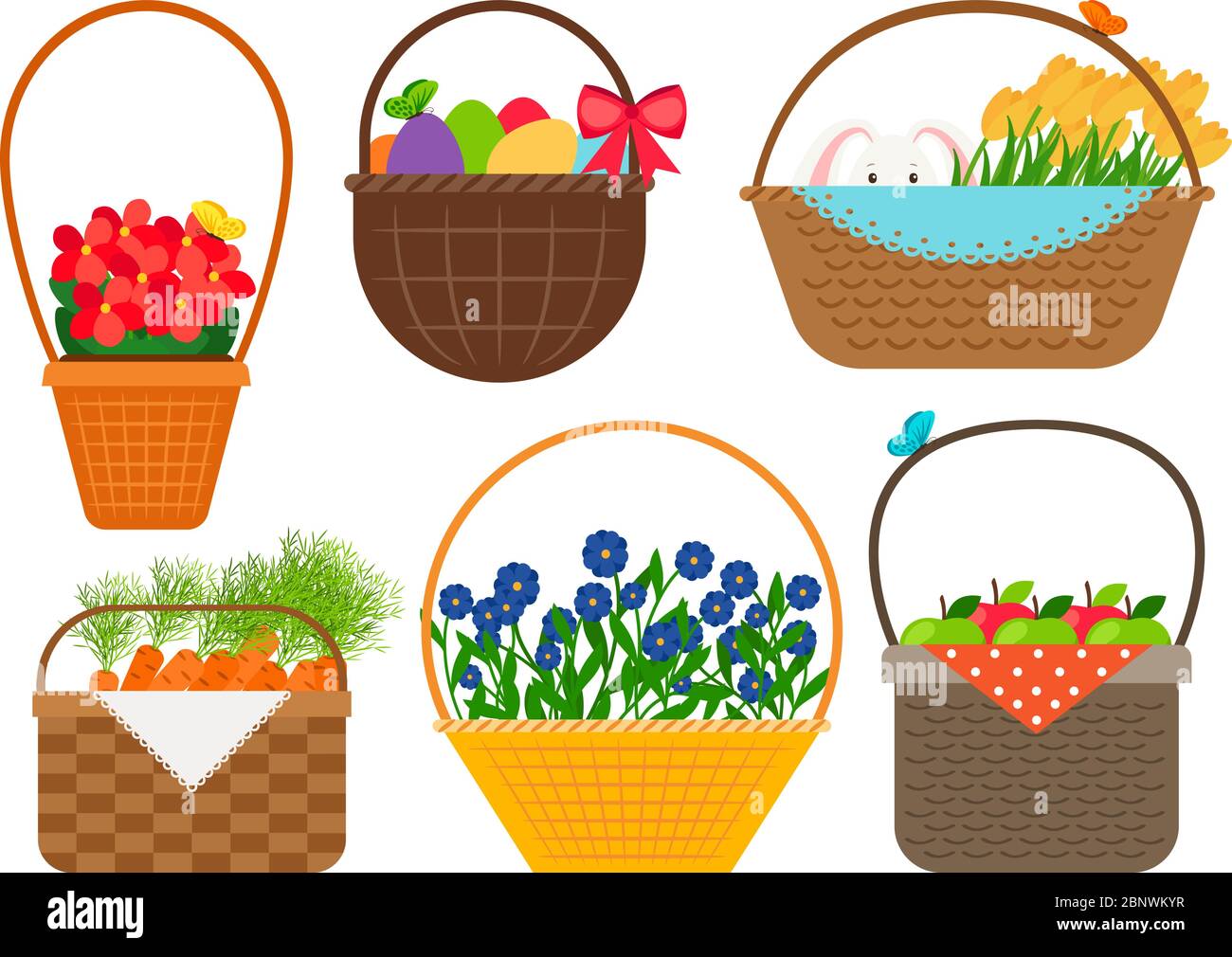 Easter baskets with beauty flowers and cute bunny, eggs and apples