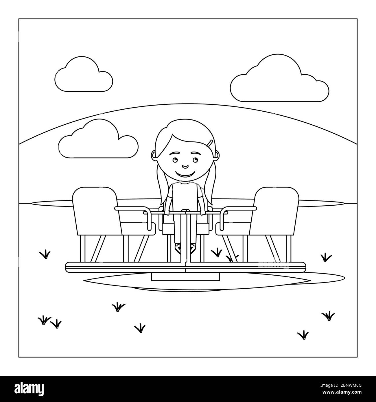 Coloring book page design with kid on playground. Vector illustration Stock Vector