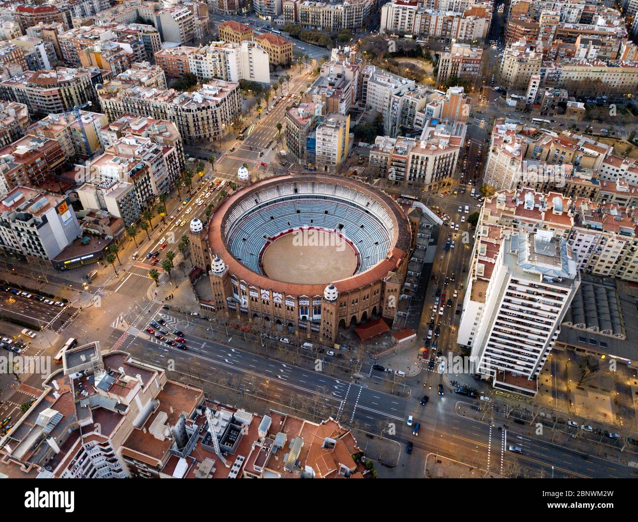 The Plaza Monumental or La Monumental Bullring and Bullfighting aerial view Barcelona Catalonia Spain Stock Photo