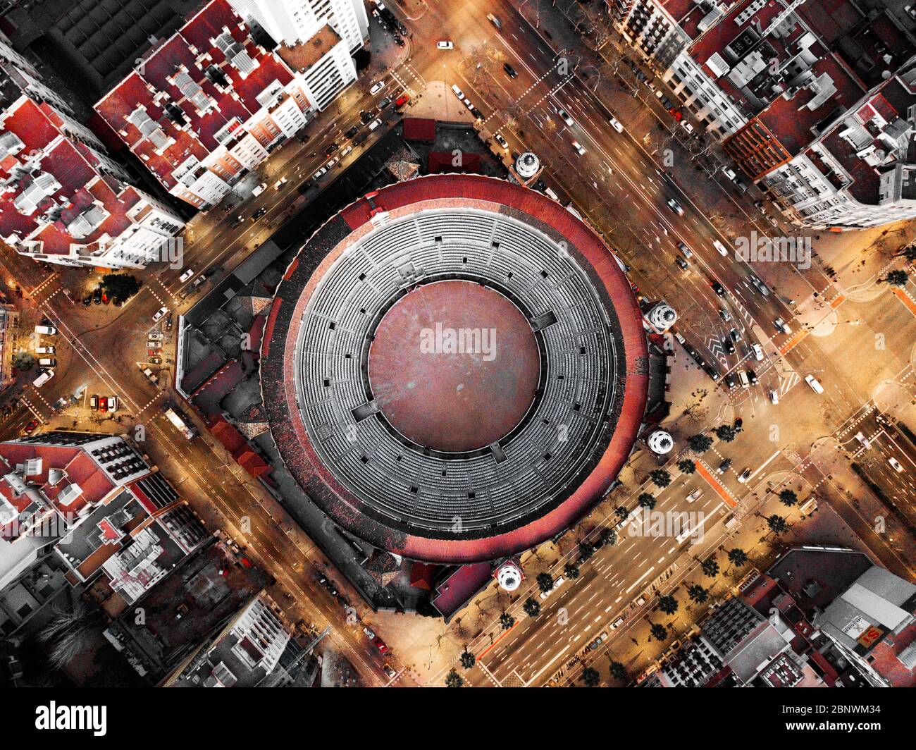 The Plaza Monumental or La Monumental Bullring and Bullfighting aerial view Barcelona Catalonia Spain Stock Photo