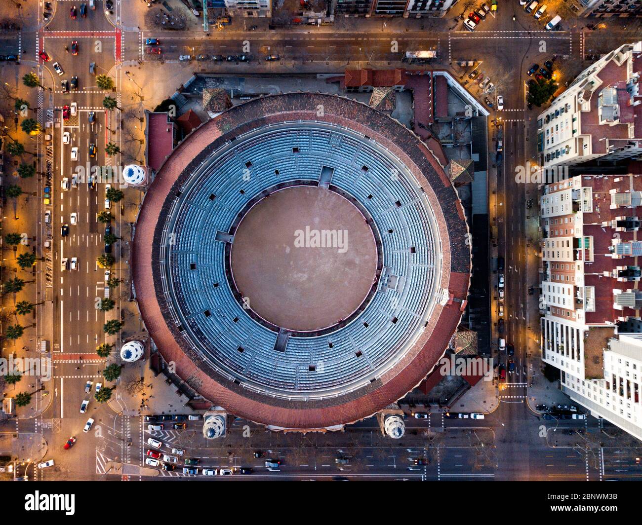 The Plaza Monumental or La Monumental Bullring and Bullfighting aerial view Barcelona Catalonia Spain Stock Photo