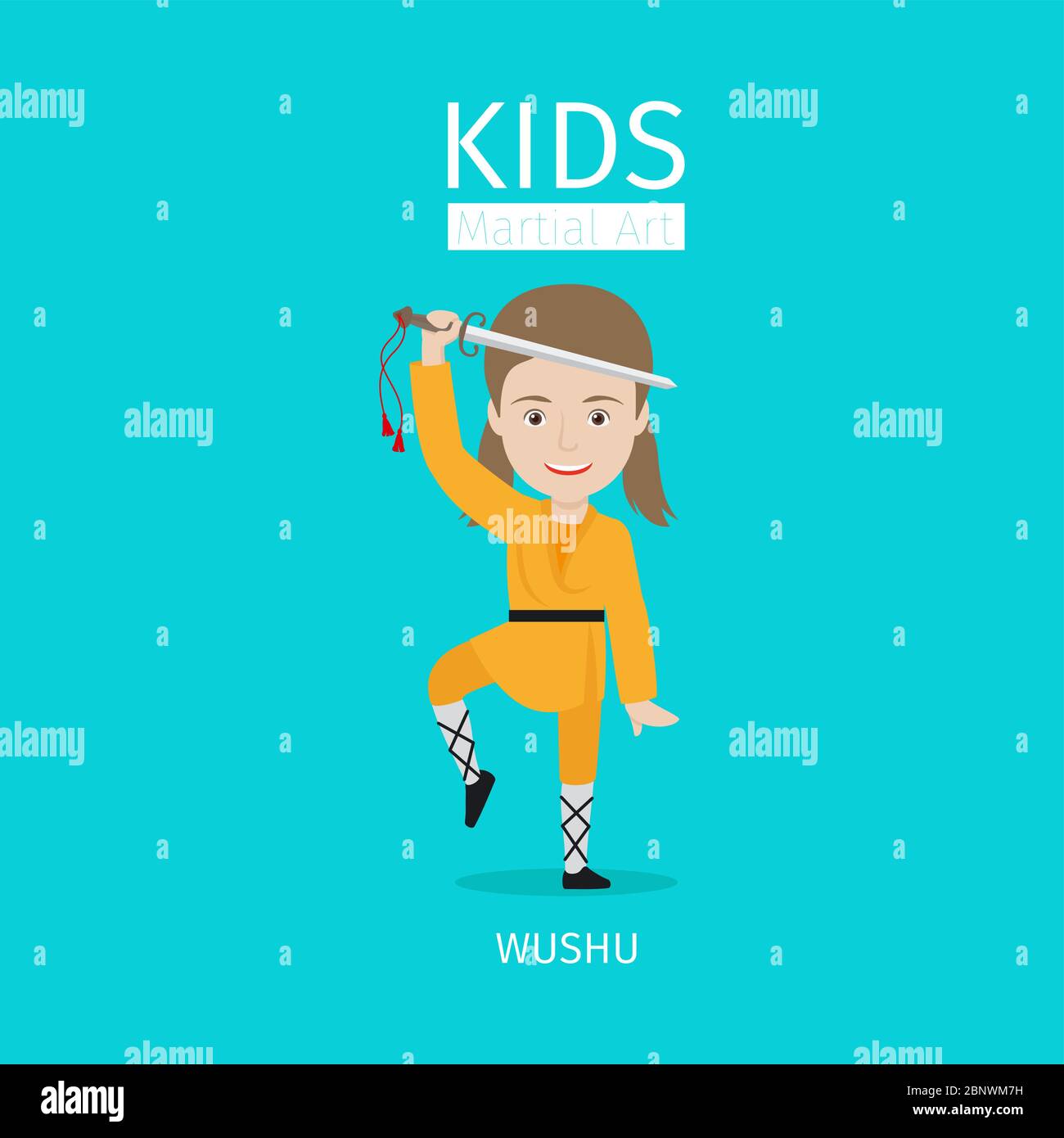 Kids martial art vector illustration. Wushu girl on blue background Stock Vector