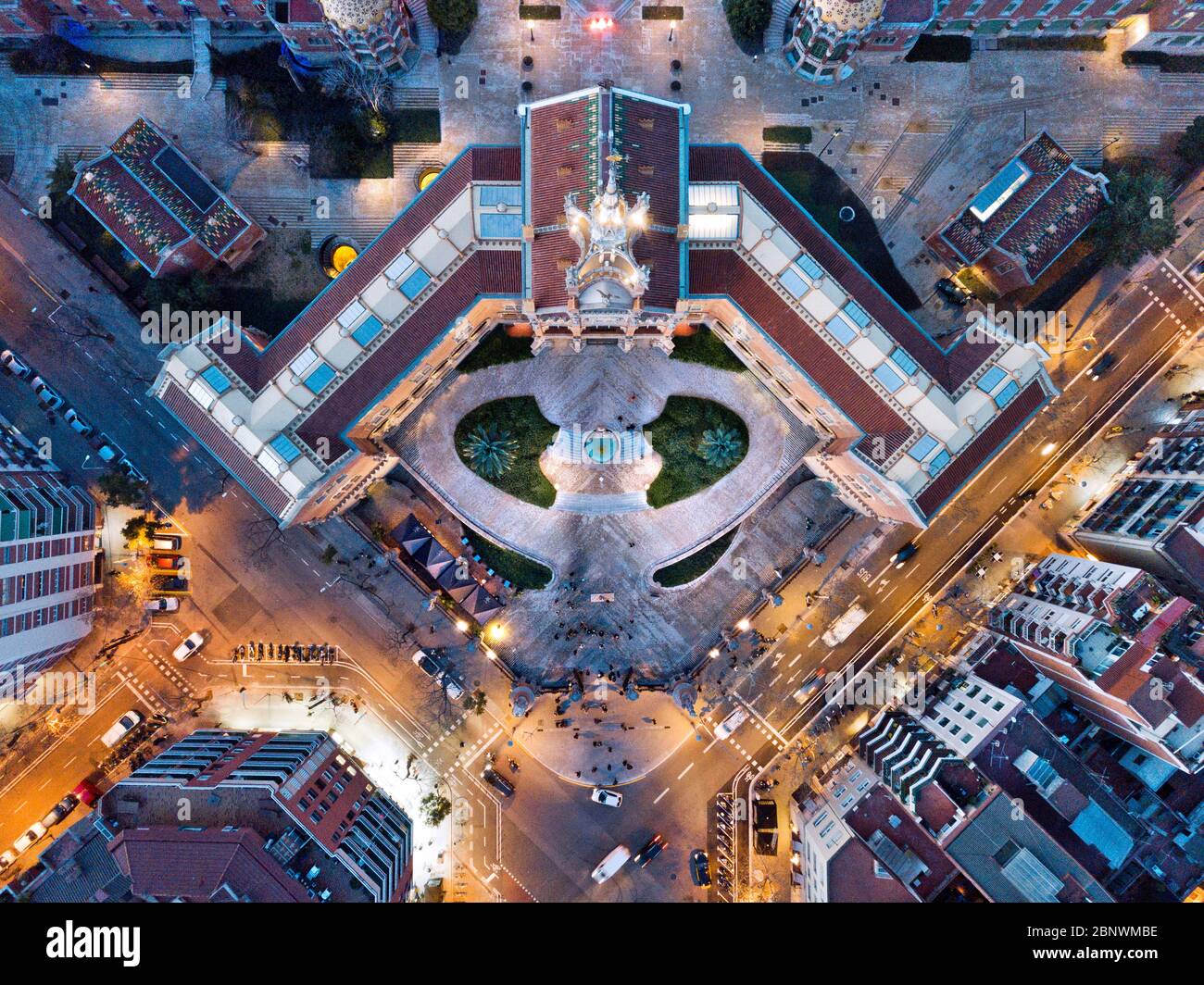 Sant Pau building, Modernism's, Puig i Cadafalch architecture aerial view Barcelona Catalonia Spain.  Panorama of the Santa Creu i Sant Pau hospital H Stock Photo