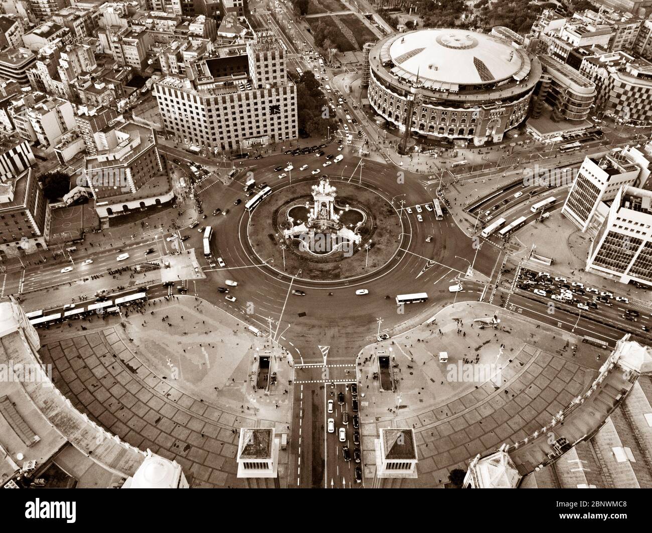 Square of Spain or Plaza de España and Arenas de Barcelona shopping center old Bullring aerial view Barcelona Catalonia Spain  The Las Arenas de Barce Stock Photo