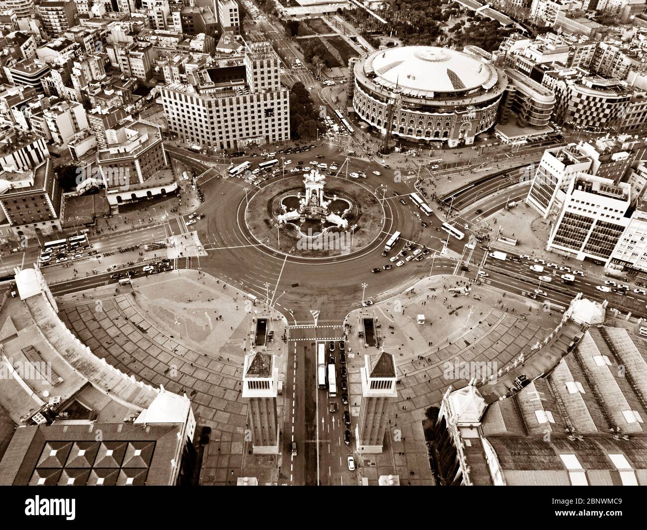 Square of Spain or Plaza de España and Arenas de Barcelona shopping center old Bullring aerial view Barcelona Catalonia Spain  The Las Arenas de Barce Stock Photo