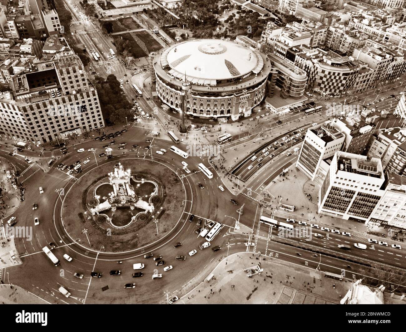 Square of Spain or Plaza de España and Arenas de Barcelona shopping center old Bullring aerial view Barcelona Catalonia Spain  The Las Arenas de Barce Stock Photo