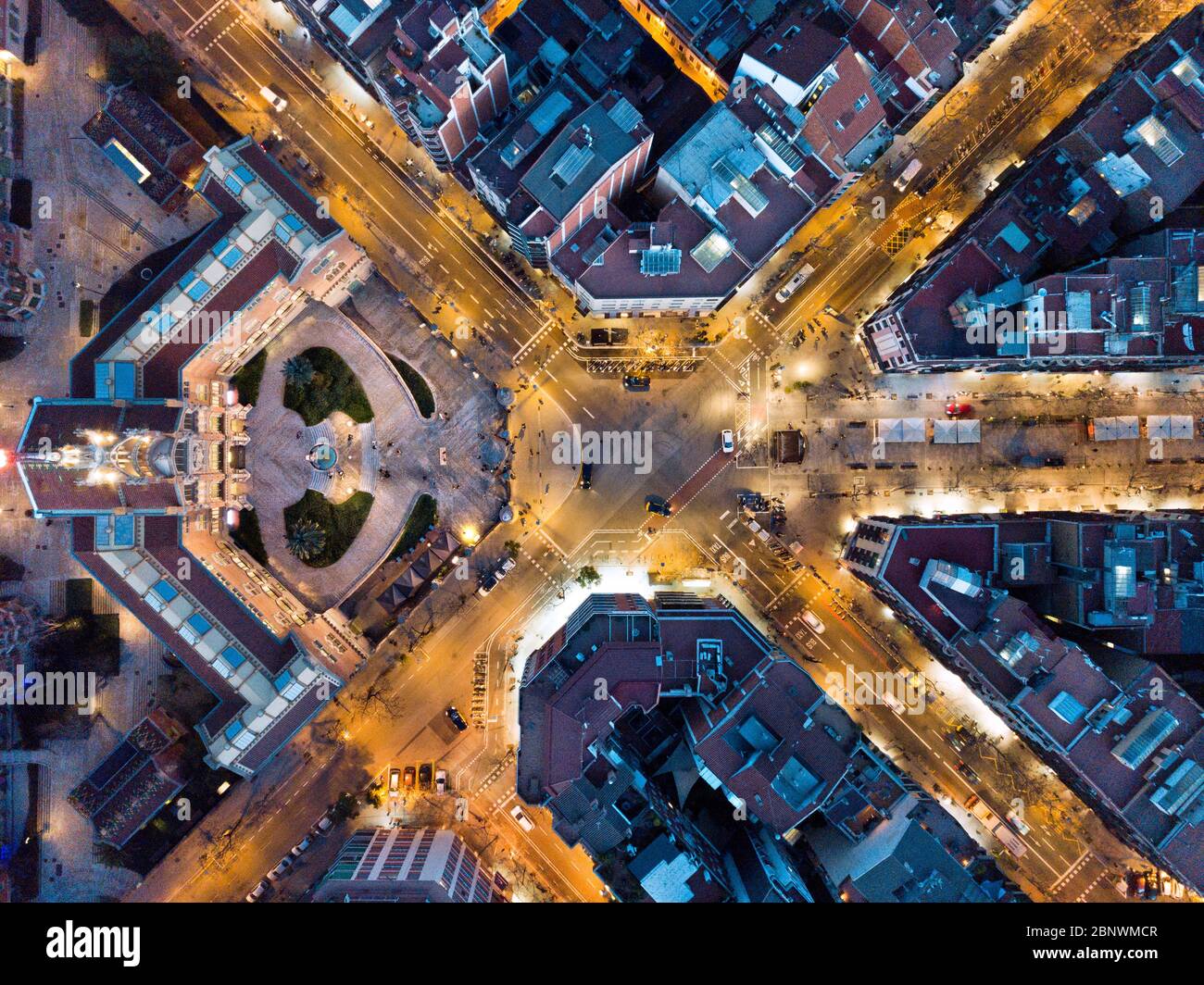 Sant Pau building, Modernism's, Puig i Cadafalch architecture aerial view Barcelona Catalonia Spain.  Panorama of the Santa Creu i Sant Pau hospital H Stock Photo