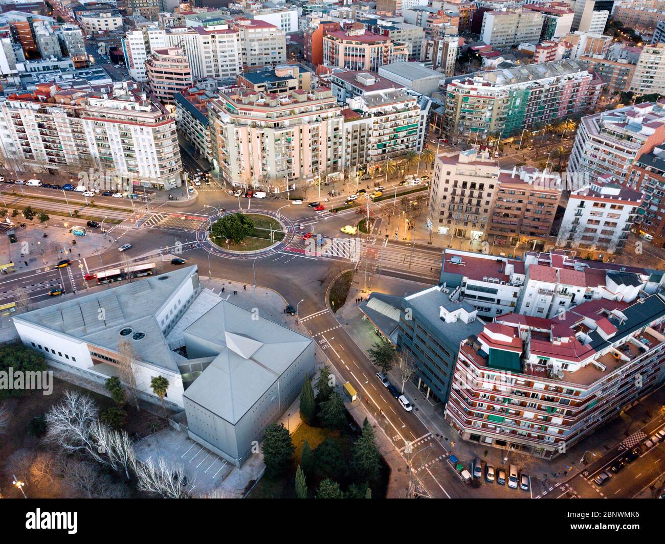 Archivo de la corona de Aragon and Roundabout in marina Meridiana avenue Marina street and Almogavares street aerial view Barcelona Catalonia Spain. Stock Photo