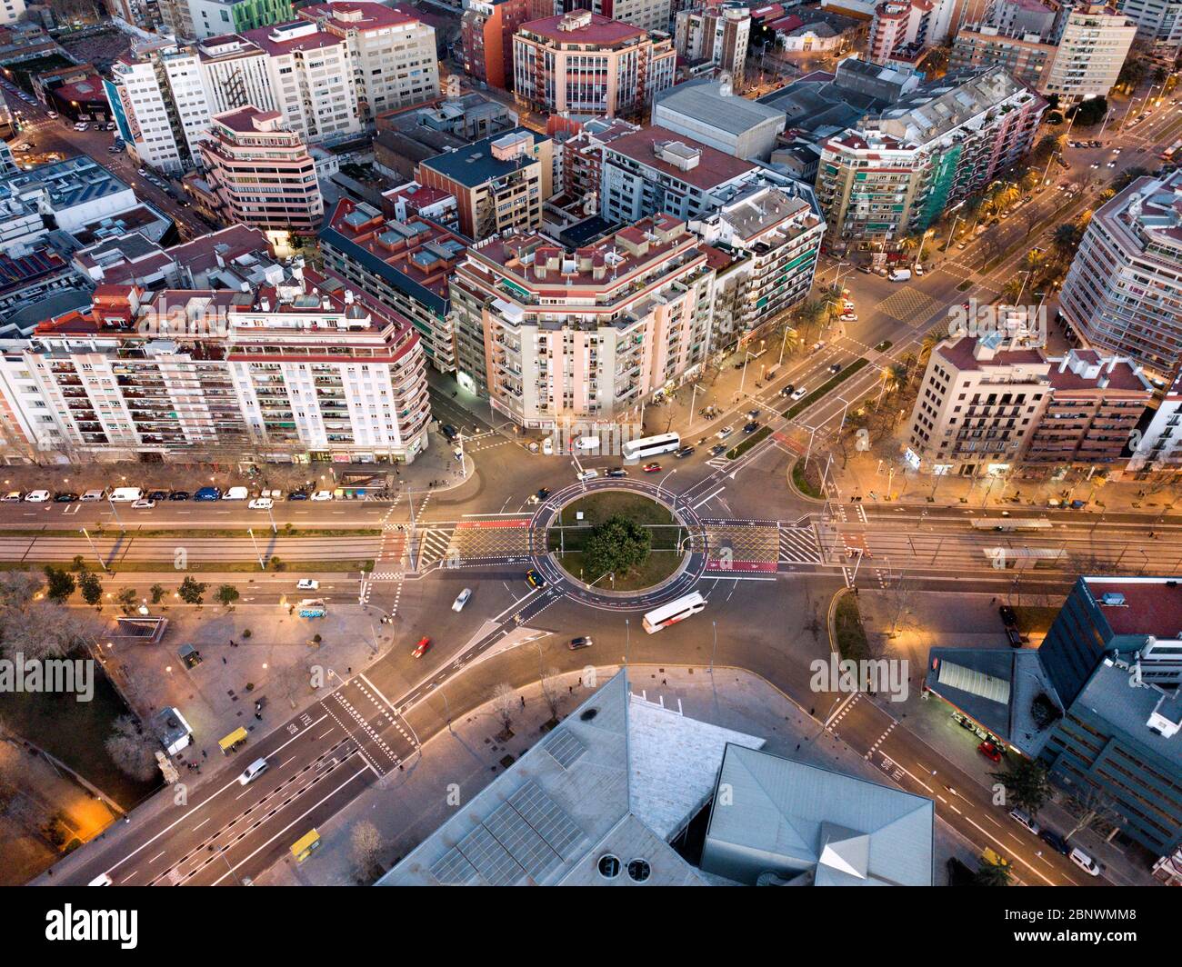 Archivo de la corona de Aragon and Roundabout in marina Meridiana avenue Marina street and Almogavares street aerial view Barcelona Catalonia Spain. Stock Photo