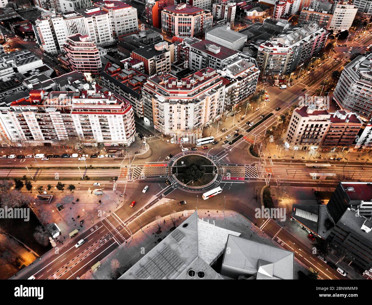 Archivo de la corona de Aragon and Roundabout in marina Meridiana avenue Marina street and Almogavares street aerial view Barcelona Catalonia Spain. Stock Photo